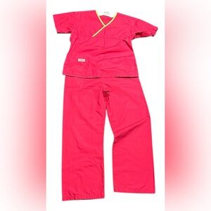 Urbane Bright Pink Scrub Set with Yellow Trim